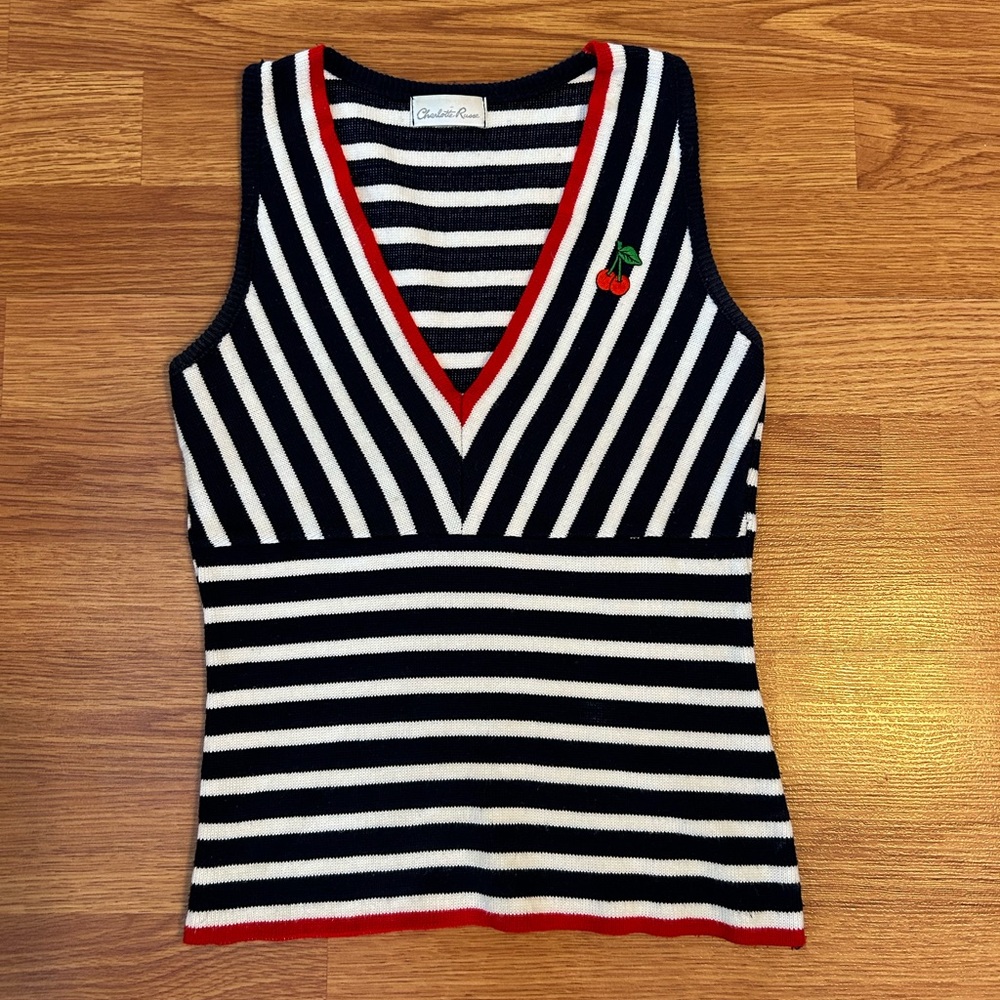 Charlotte Russe Navy and White Stripe V-Neck Knit Top size Small